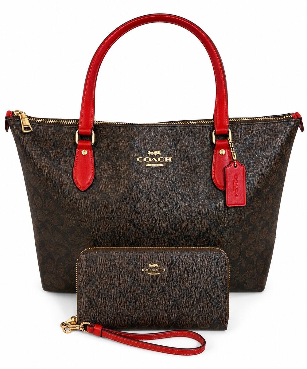 Coach City Zip Tote Brown Signature Canvas Red Leather Trim + Matching Wristlet